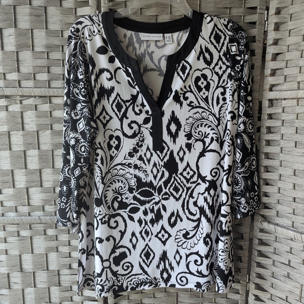 Susan Graver Liquid Knit Tunic Top Black White Paisley Ikat Print Sz LP Office